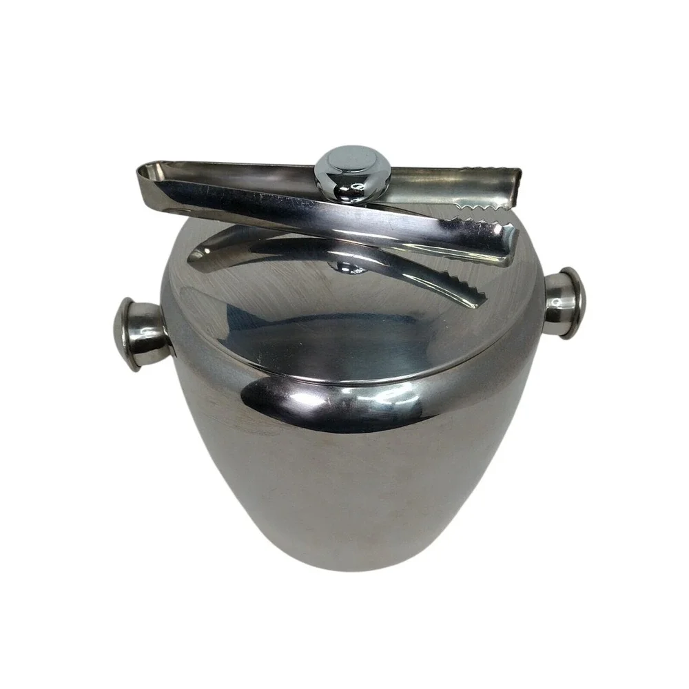 Vintage Stainless‎ Steel Ice Bucket Lidded With Tongs Mid Century Modern MCM